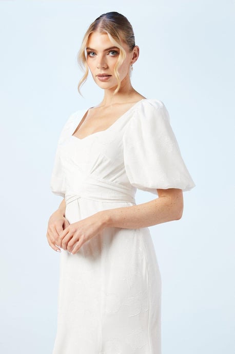 Puff Sleeve Satin Jacquard Wrap Waist Wedding Dress - Image 2