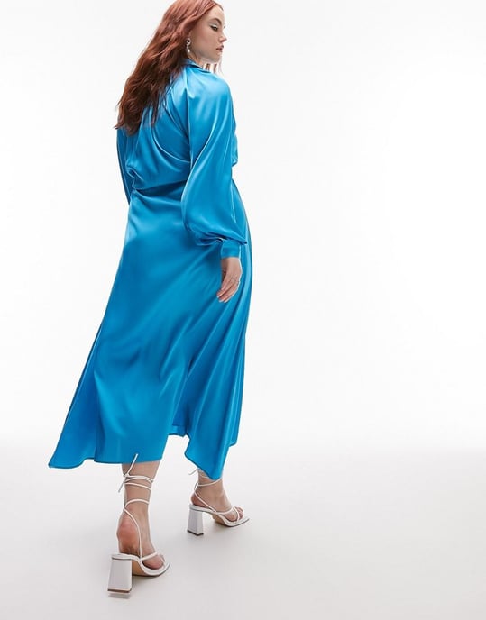 Topshop Curve satin midi shirt dress in blue