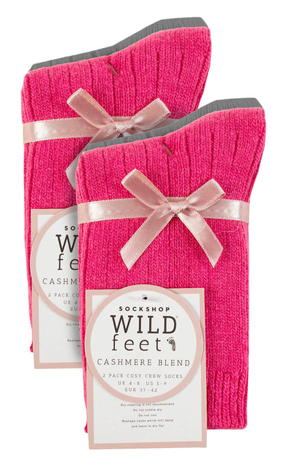 4 Pack Ladies Cashmere Boot Socks | Wildfeet | Ribbed Crew Wool Bed Socks - Pink/Grey - Image 2