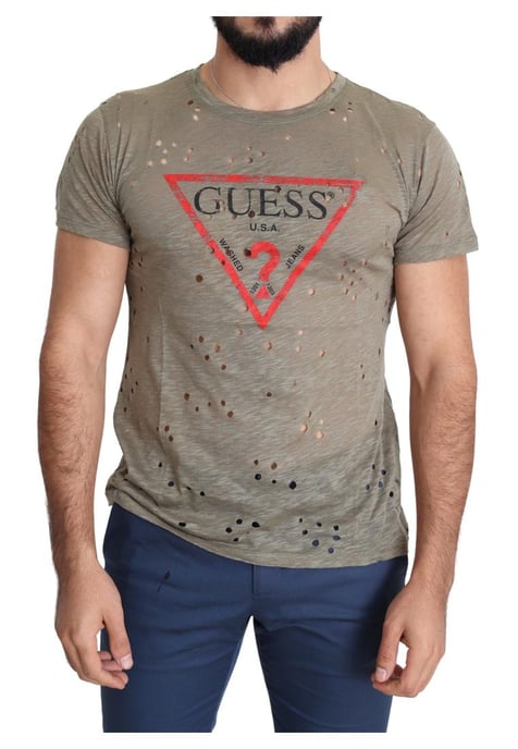 Guess Men's Brown Cotton Stretch Logo Print Casual Perforated T-shirt - Image 1