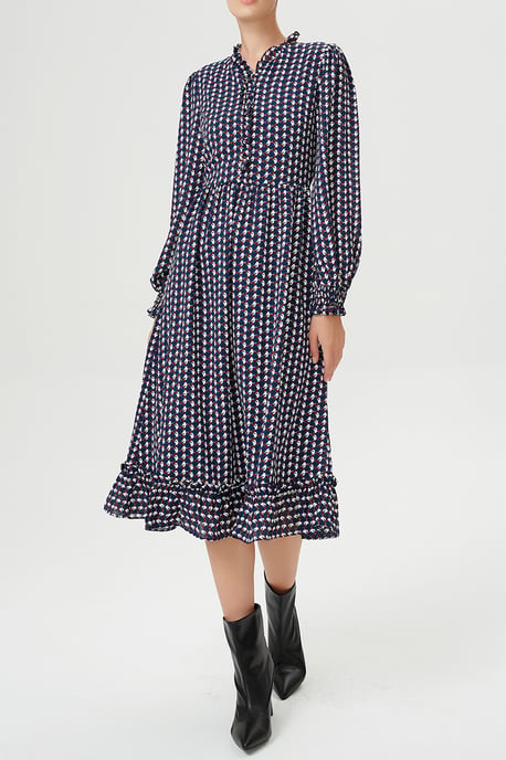 Blouse dress with ruffles and vintage geometric print - Image 1