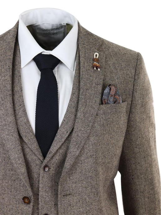 Mens Oak Brown 3 Piece Tweed Suit Vintage Harringbone 1920s Retro Peaky Blinders - Image 5