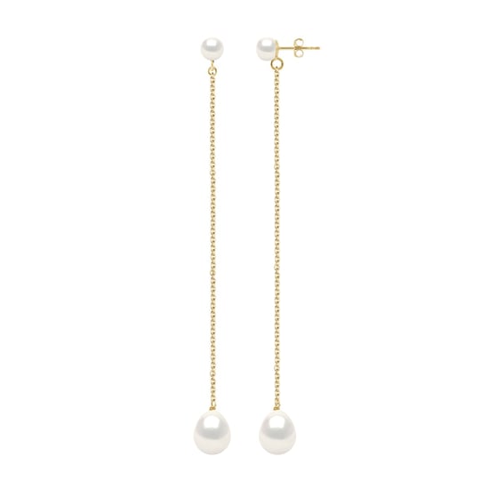 Double Earrings Yellow Gold - Real Cultured Freshwater Pearls Button 5-6 mm + Pear 8-9 mm