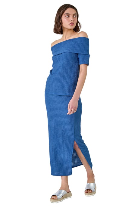 Textured Stretch Midi Elastic Waist Skirt