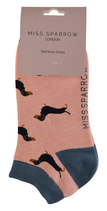 Ladies Bamboo Trainer Socks | Miss Sparrow | Breathable Low Cut Socks for Women - Sausage Dogs (Pink) - Image 2