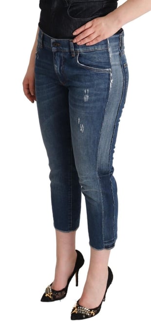 Dolce & Gabbana Blue Washed Mid Waist Denim Logo Cropped Women's Jeans