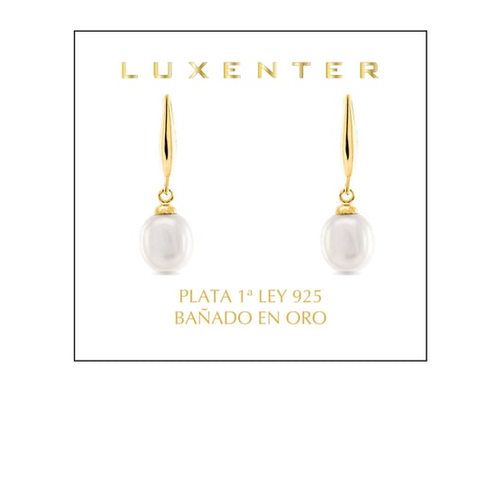 Luxenter Essential Earrings in 925 Sterling Silver and White Pearl finished in 18 carat yellow gold