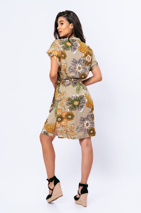 Linen Style Bold Floral Print Dress with Mandarin Collar