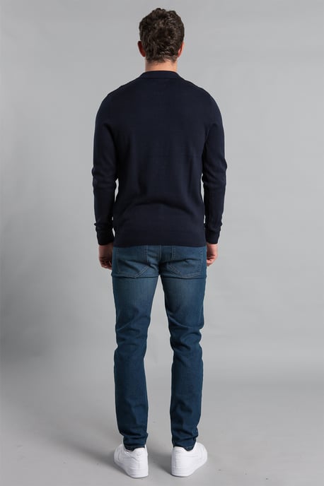 Dark Navy Cotton Textured Knit Long Sleeve Polo
