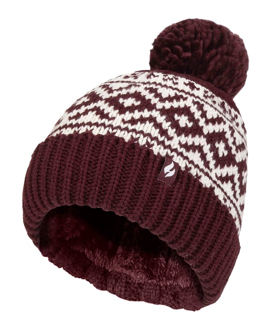 Ladies Patterned Turnover Bobble Hat | Heat Holders | Chunky Cable Knit with Heatweaver Fleece Lining | Billingen Style - Wine - Image 1