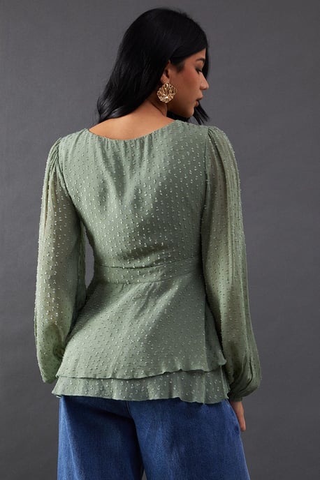 Plunge Neck Dobby Chiffon Double Layer Blouse