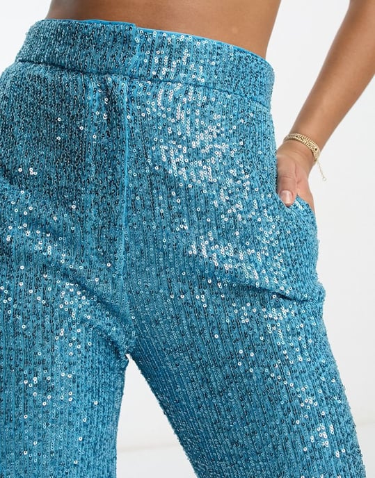 ASOS DESIGN Tall straight sequin ankle grazer trousers in turquoise-Blue
