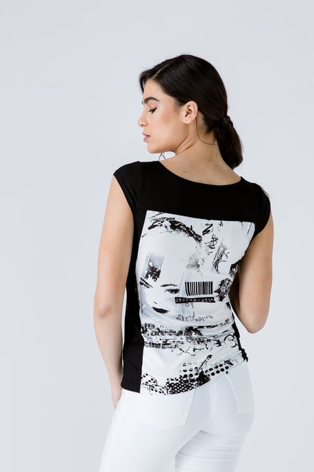 Black Print Detail Cap Sleeve Top