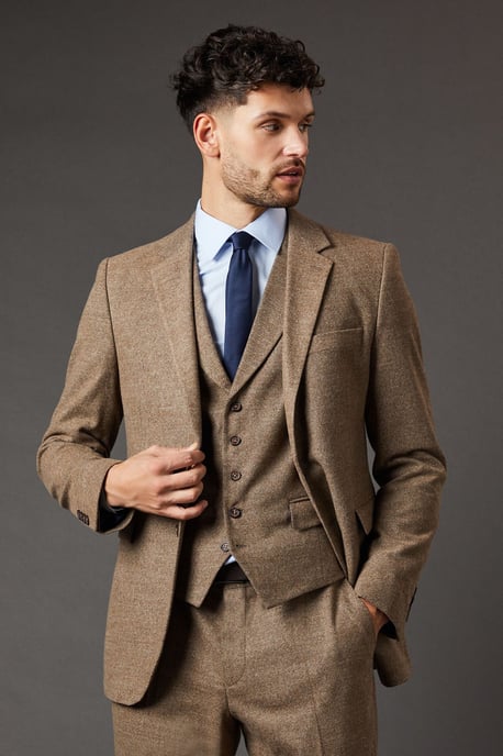 Light Brown Tweed Look Tailored Fit Suit Jacket