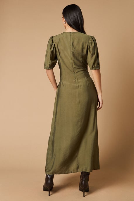 Shirred Bodice Puff Sleeve Midi Dress