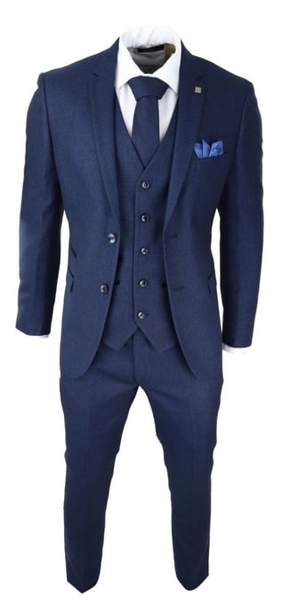 Herr 3-delad marinblå fågelöga tweed klassisk kostym - Image 2