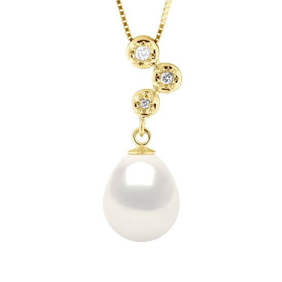 Necklace Jewelry Diamonds 0,06 Cts - Quality HSI Yellow Gold and Real Cultured Freshwater Pearl Pear 9-10 mm