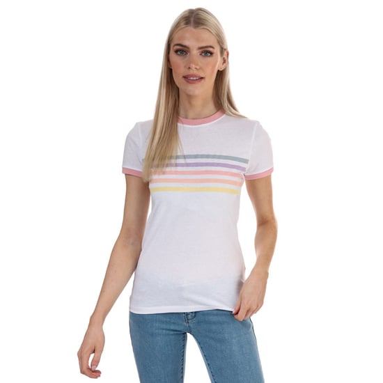 Women's Brave Soul Rainbow Ringer T-Shirt in White pink