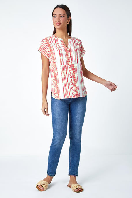 Aztec Print Button V-Neck Detail Top