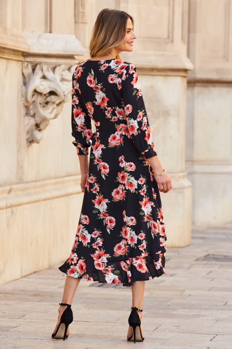 Black Floral Print Ruffle Hem Midi Wrap Dress
