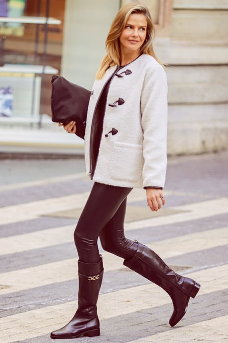 Cream Collarless Super Cosy Borg Coat With Faux Leather Toggle