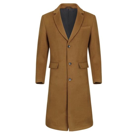 Men's Knee-Length Winter Wool Coat Slim Fit Turn-Down Collar Business Coats Khaki - Image 1