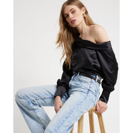 River Island Womens Blouse Black Satin Off Shoulder