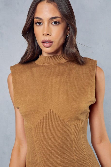 High Neck Knitted Shoulder Pad Mini Dress