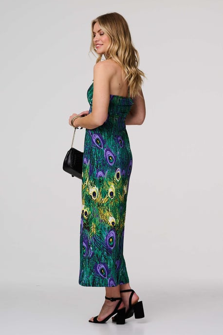 Green Peacock Print Halter neck Maxi Dress