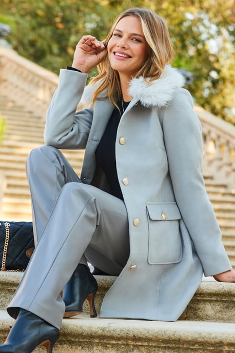 Light Grey Button Detail Coat With Faux Fur Collar