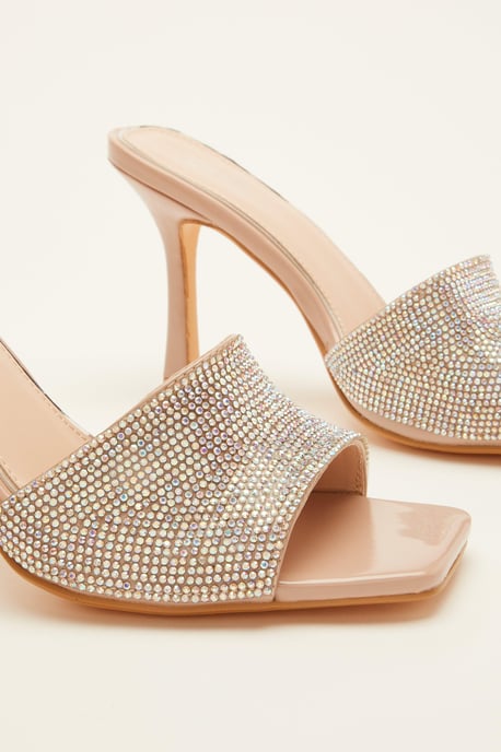 Nude Diamante Heeled Mule Sandal