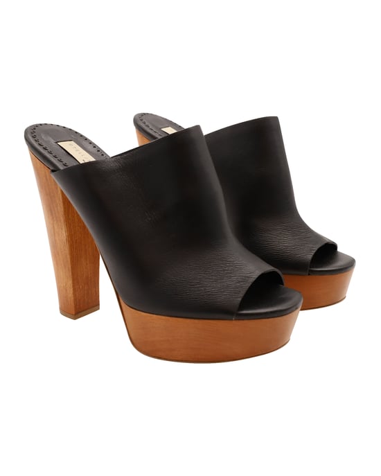 Stella McCartney Scott Wooden Block Heel Platform Sandals in Faux Leather Black