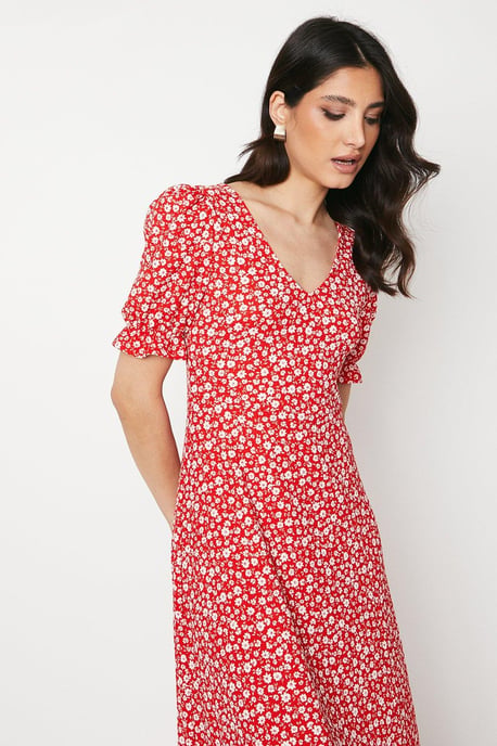 Red Ditsy V Neck Short Sleeve Midi Dress - Image 4