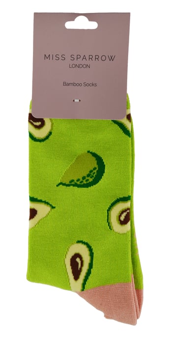 Women's Novelty Funny Fruit Socks | Miss Sparrow | Funky Watermelon Avocado Lemons Design Bamboo Socks - Avocado (Green) - Image 2
