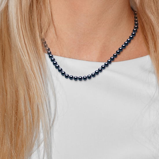 DIADEMA - Necklace - Real Freshwater Pearls and - Black Tahitian Style - Silver