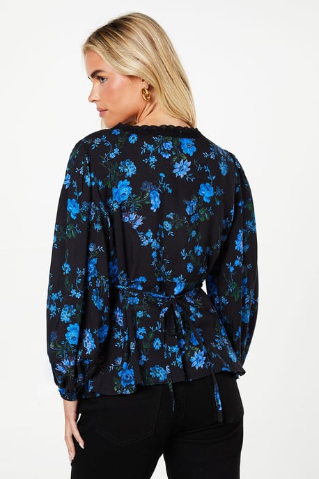 Petite Blue Floral Long Sleeve Lace Trim Button Front Tea Blouse - Image 3