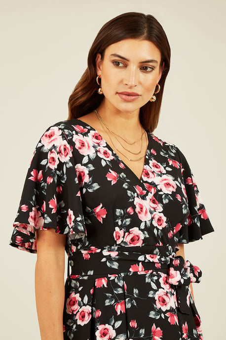 Black Floral Wrap Dress With Angel Sleeve