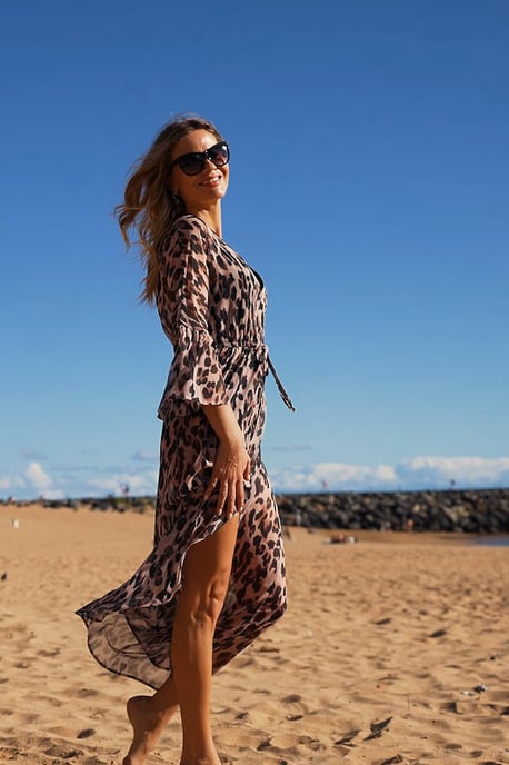 Leopard Print Tie Waist Fluted Sleeve Beach Kaftan