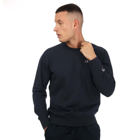 Men's Champion Crew Neck Small Script Logo Sweatshirt in Navy - Image 4