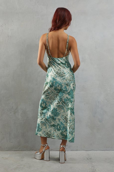 Paisley Print Satin Strappy Back Slip Dress