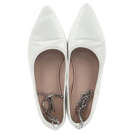 Miu Miu Embellished-Strap Pointed-Toe Ballet Flats in White Leather - Image 2