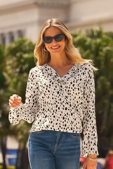Ivory & Black Fleck Print Ruffle Detail Blouse
