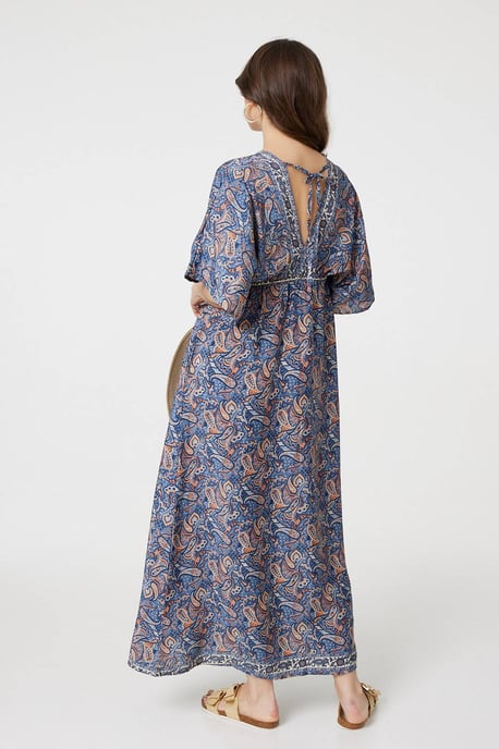Navy Paisley Print Kimono Sleeve Midi Dress