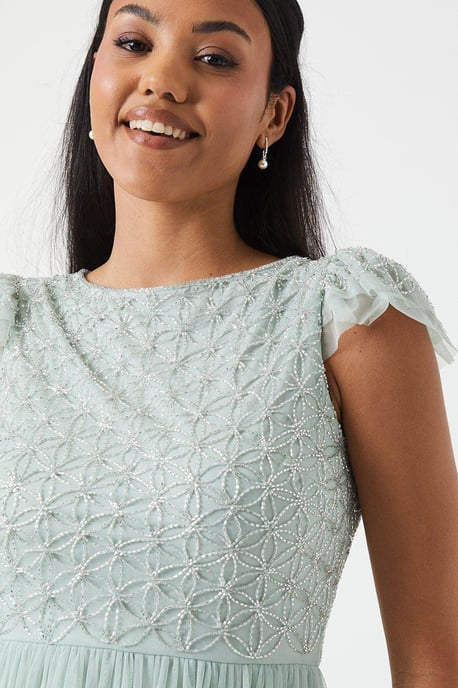 Geometric Embroidered Flutter Sleeve Bridesmaids Midi Dress