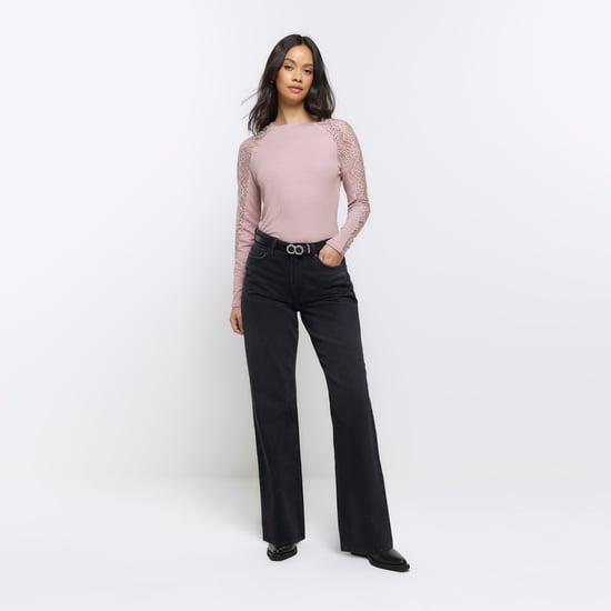 River Island Womens Top Pink Rib Lace Long Sleeve