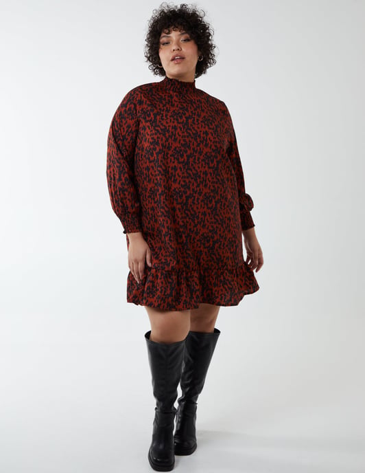 Curve Abstract Print High Neck Mini Smock Dress