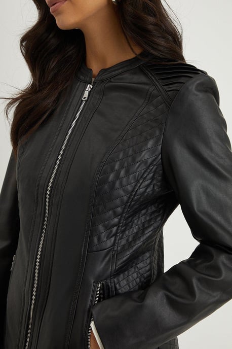 Black Faux Leather Stitch Detail Jacket - Image 2