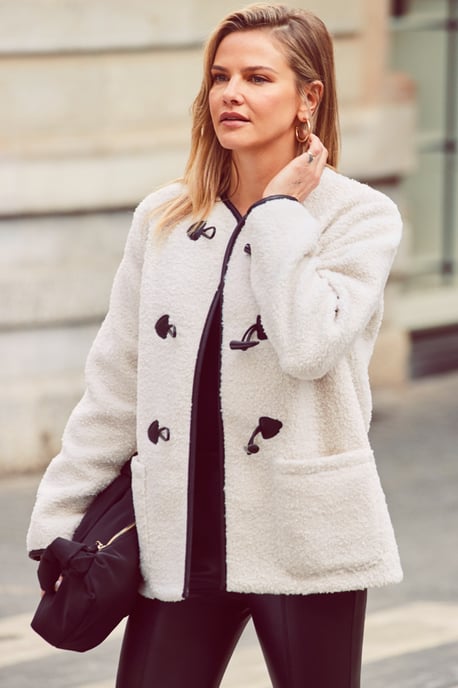 Cream Collarless Super Cosy Borg Coat With Faux Leather Toggle