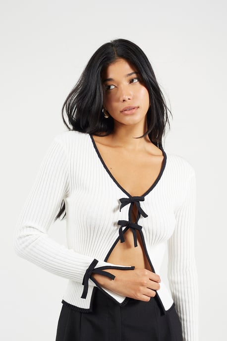 Cream Ribbed Knitted Cardigan With Bow Fastening