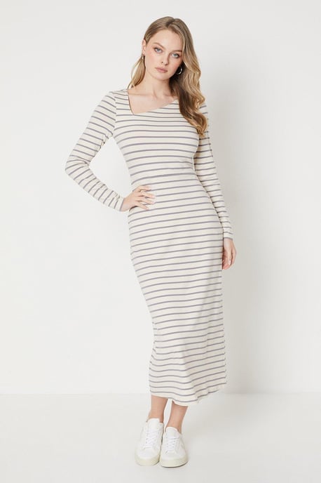 Stripe Asymetric Neck Long Sleeve Midi Dress